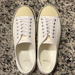 CELINE BLANK LOW LACE UP SNEAKER WITH TOE CAP IN CANVAS AND CALFSKIN OFF WHITE